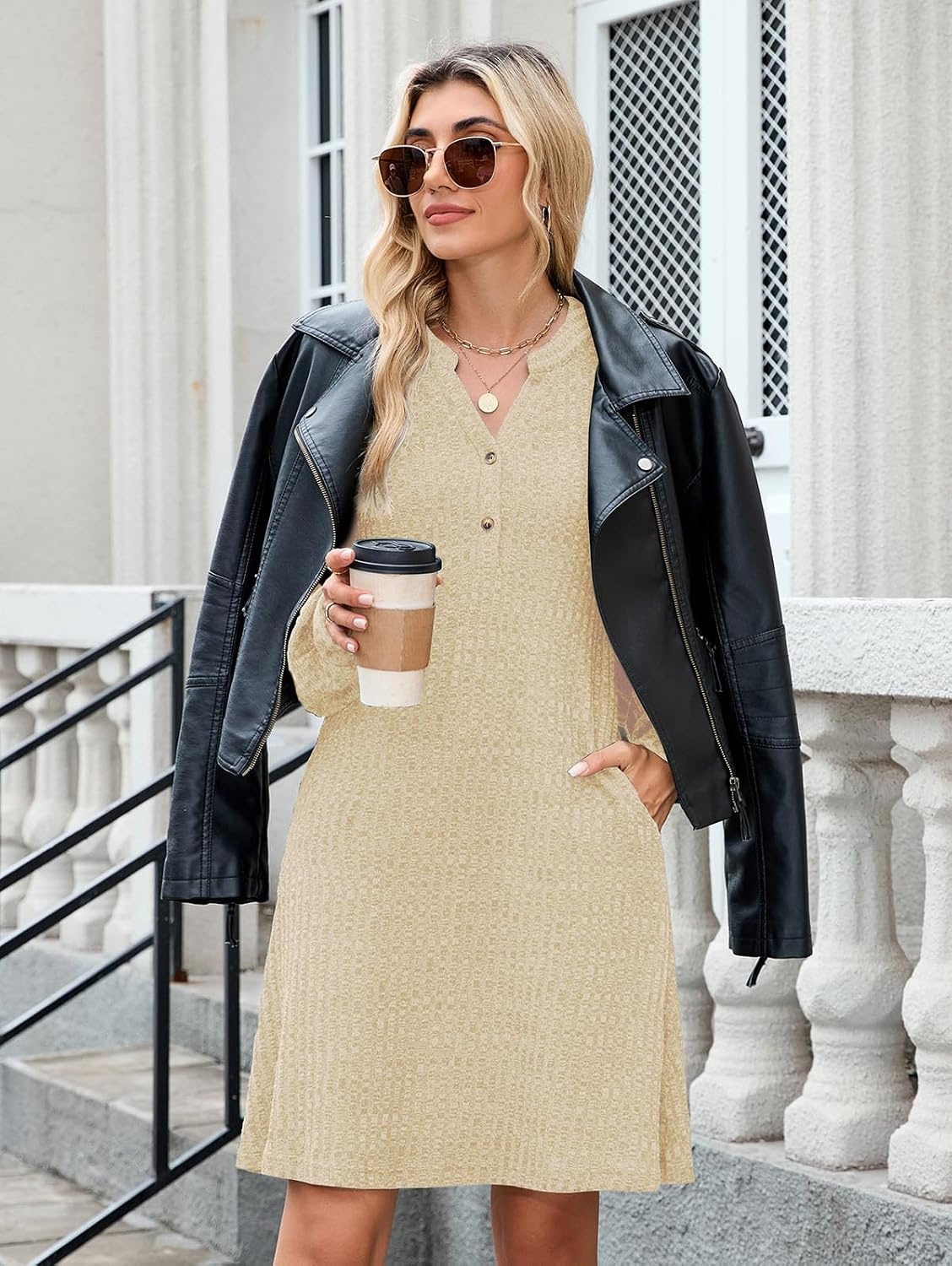 image:imageZAFUL Womens Long Sleeve Fall Dresses with Pockets V Neck Button Casual Bodydoll Knit Sweater Dress 2026Apricot