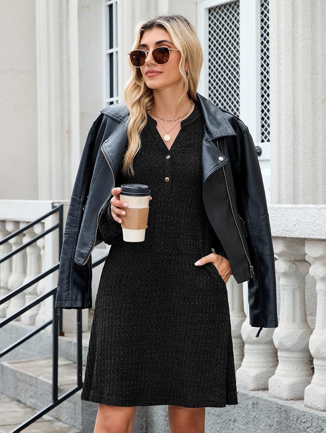 image:imageZAFUL Womens Long Sleeve Fall Dresses with Pockets V Neck Button Casual Bodydoll Knit Sweater Dress 2026Black