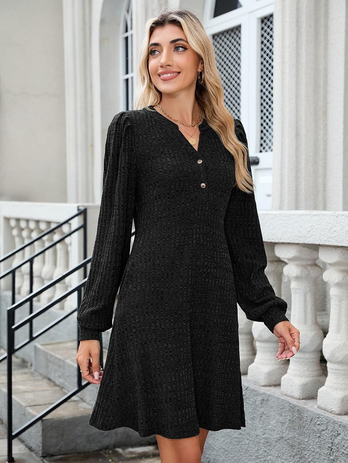 image:imageZAFUL Womens Long Sleeve Fall Dresses with Pockets V Neck Button Casual Bodydoll Knit Sweater Dress 2026Black