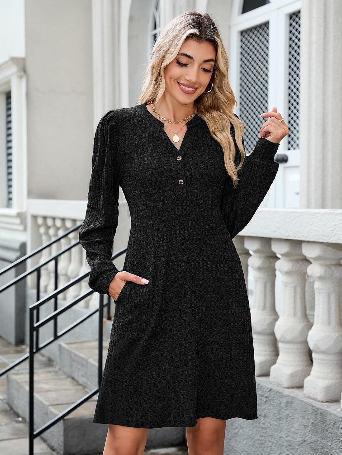 image:imageZAFUL Womens Long Sleeve Fall Dresses with Pockets V Neck Button Casual Bodydoll Knit Sweater Dress 2026Black