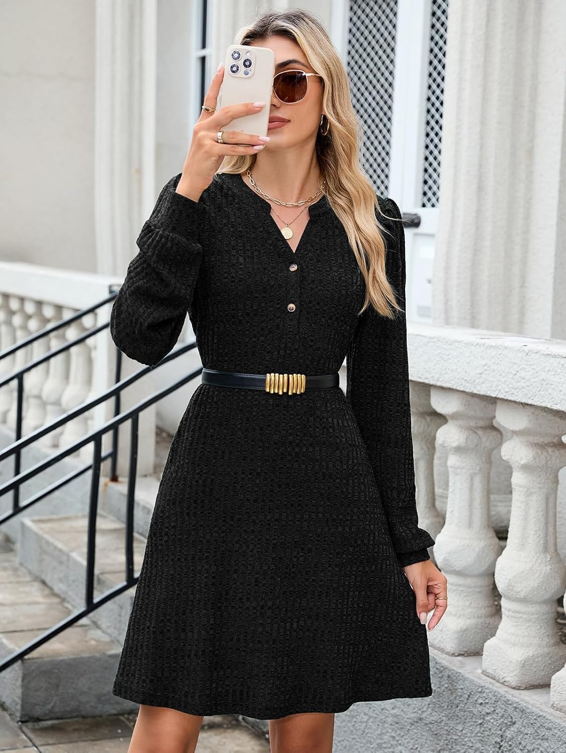 image:imageZAFUL Womens Long Sleeve Fall Dresses with Pockets V Neck Button Casual Bodydoll Knit Sweater Dress 2026Black