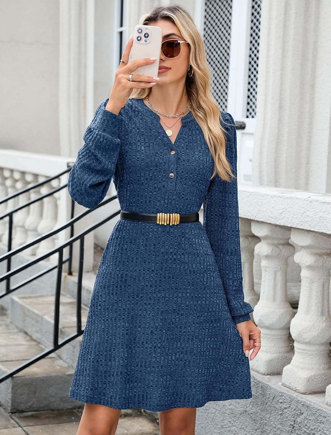 image:imageZAFUL Womens Long Sleeve Fall Dresses with Pockets V Neck Button Casual Bodydoll Knit Sweater Dress 2026Blue