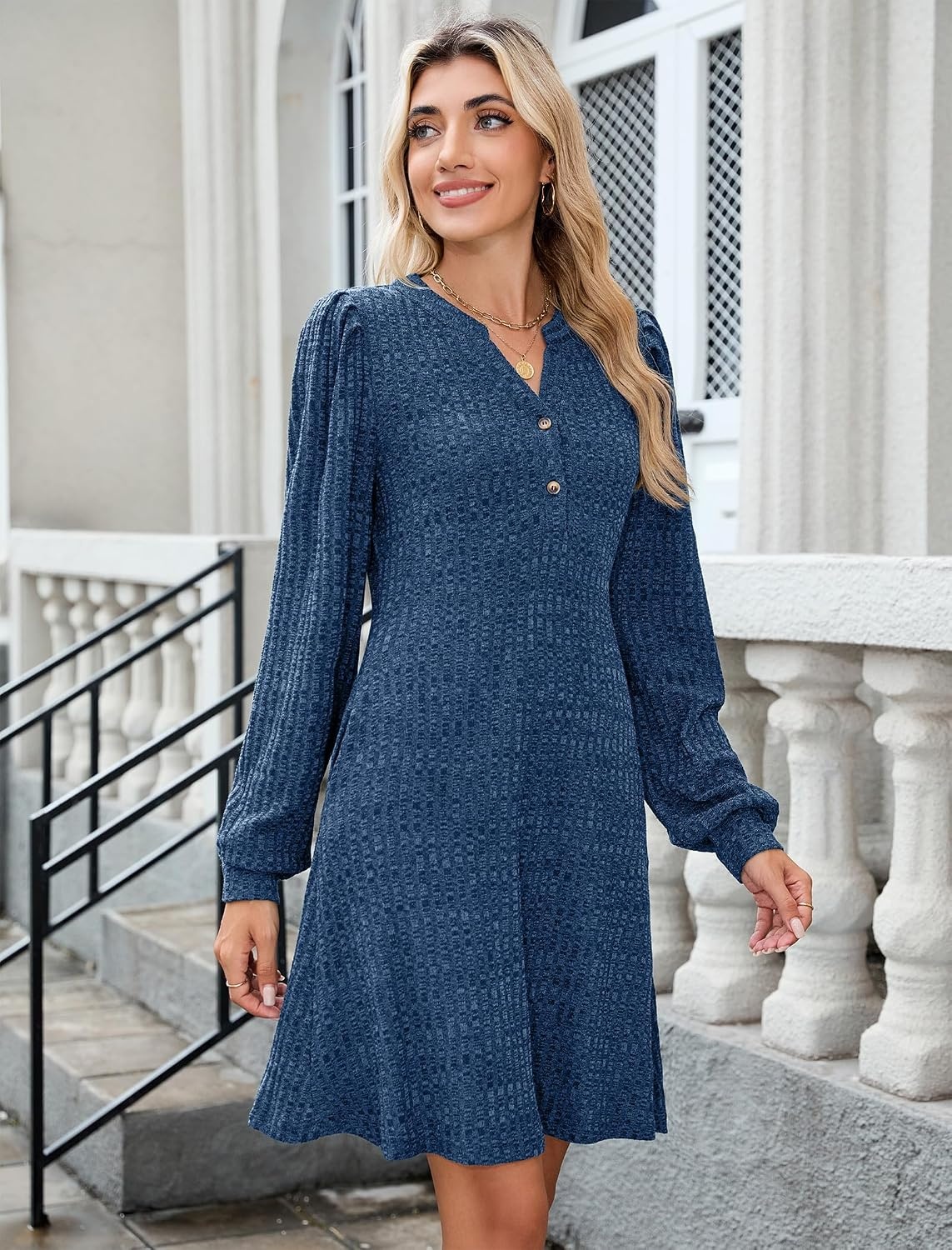 image:imageZAFUL Womens Long Sleeve Fall Dresses with Pockets V Neck Button Casual Bodydoll Knit Sweater Dress 2026Blue