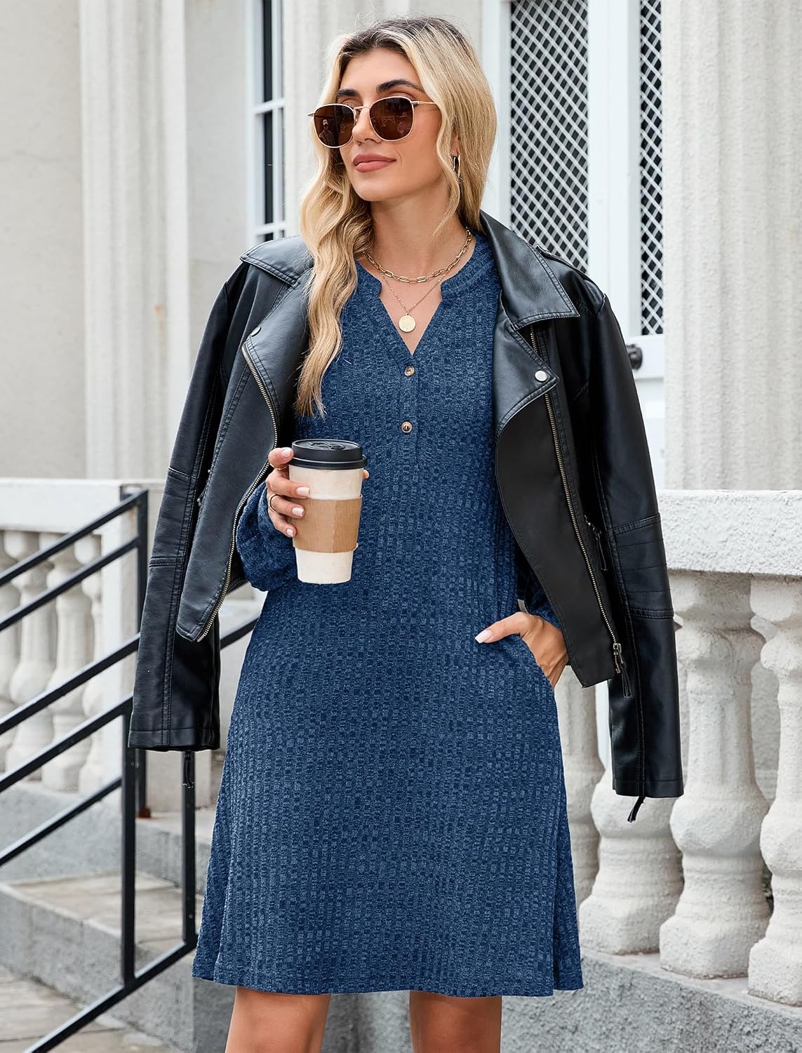 image:imageZAFUL Womens Long Sleeve Fall Dresses with Pockets V Neck Button Casual Bodydoll Knit Sweater Dress 2026Blue