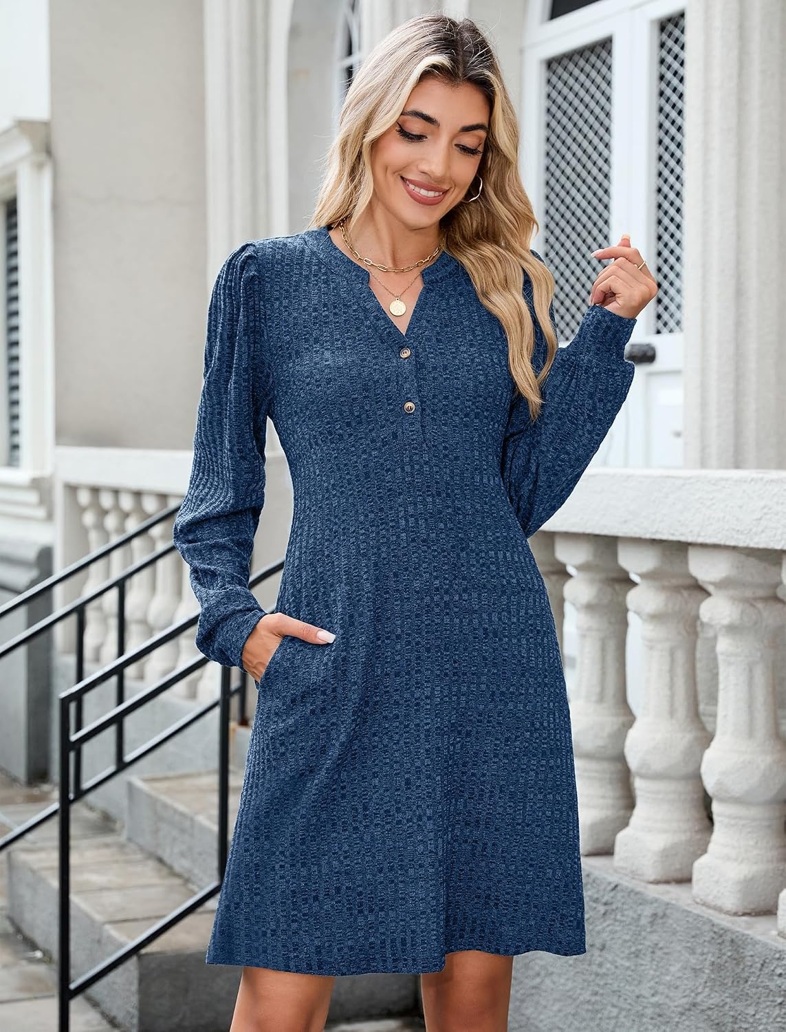 image:imageZAFUL Womens Long Sleeve Fall Dresses with Pockets V Neck Button Casual Bodydoll Knit Sweater Dress 2026Blue