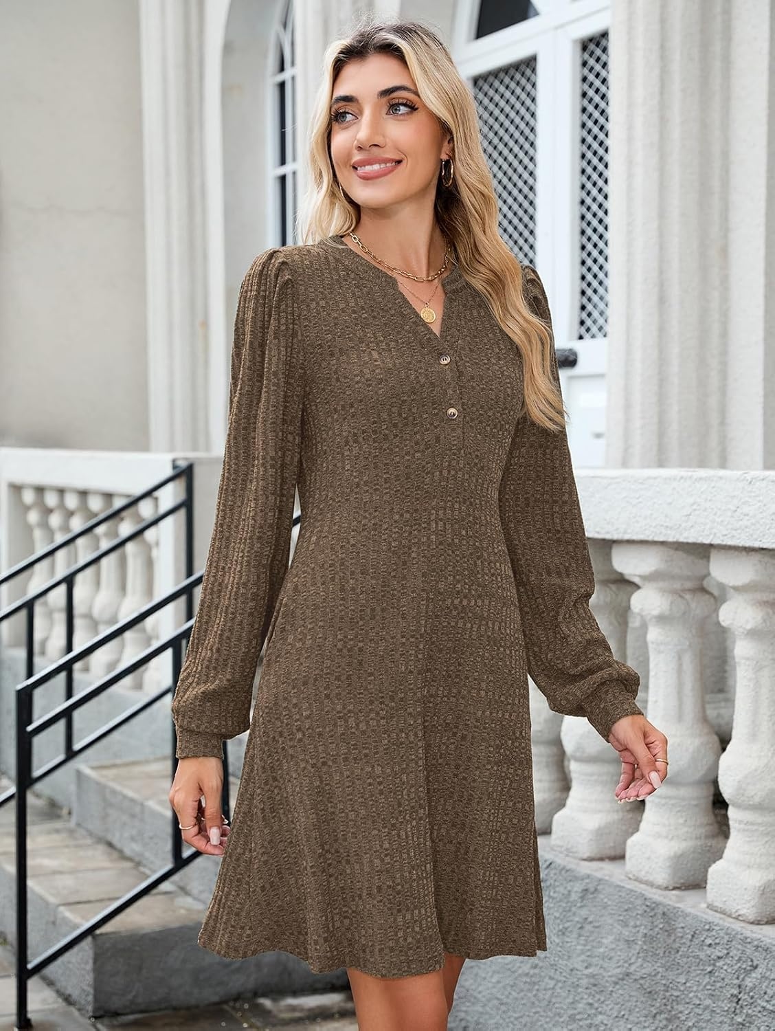 image:imageZAFUL Womens Long Sleeve Fall Dresses with Pockets V Neck Button Casual Bodydoll Knit Sweater Dress 2026Brown