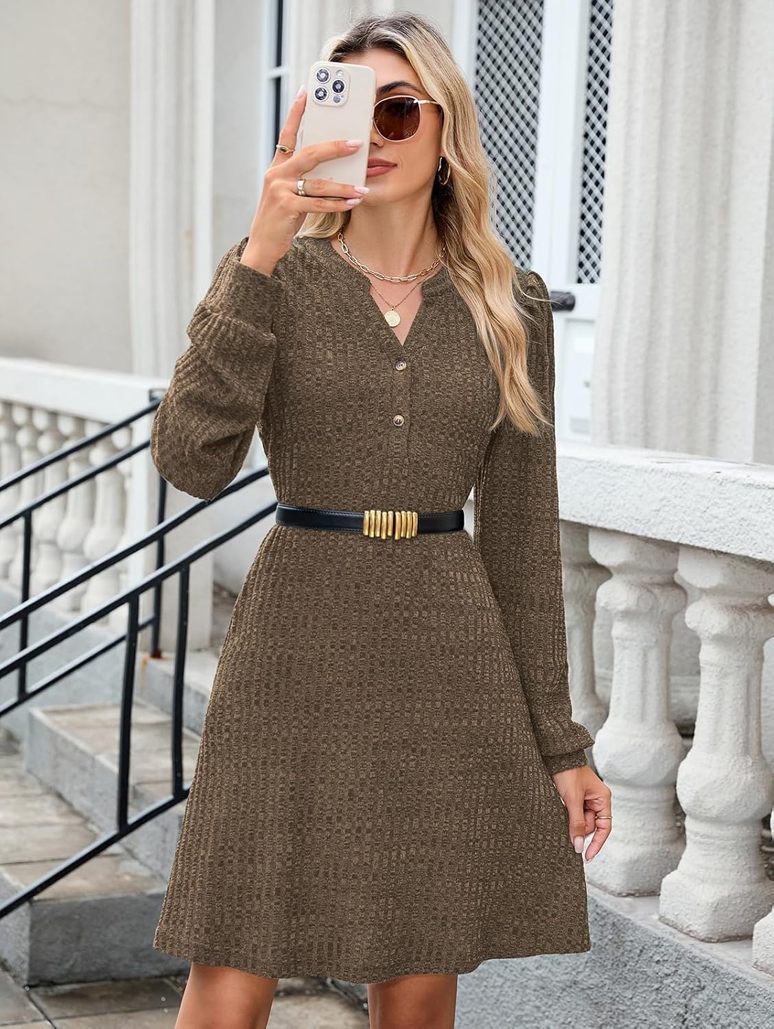 image:imageZAFUL Womens Long Sleeve Fall Dresses with Pockets V Neck Button Casual Bodydoll Knit Sweater Dress 2026Brown
