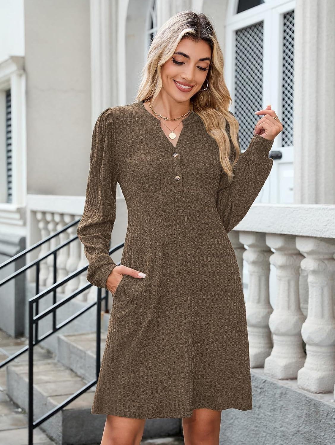 image:imageZAFUL Womens Long Sleeve Fall Dresses with Pockets V Neck Button Casual Bodydoll Knit Sweater Dress 2026Brown