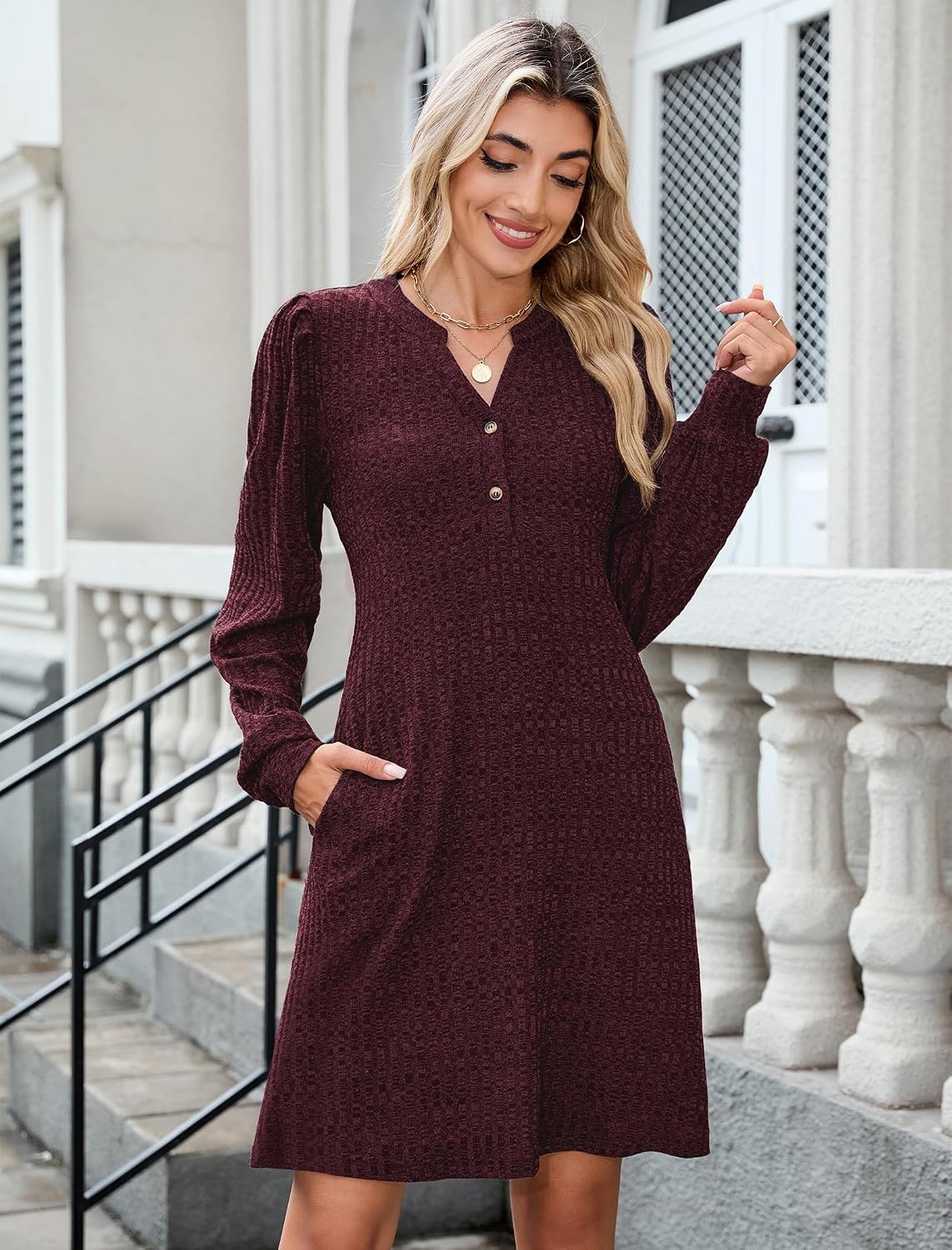 image:imageZAFUL Womens Long Sleeve Fall Dresses with Pockets V Neck Button Casual Bodydoll Knit Sweater Dress 2026Burgundy