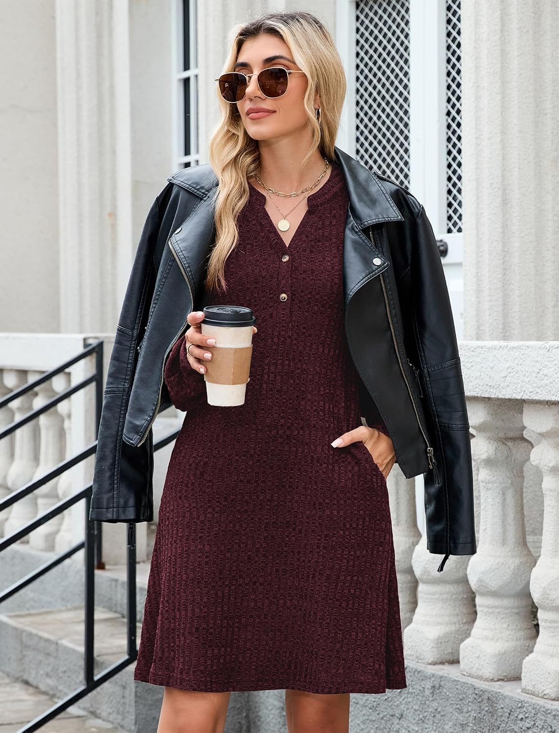 image:imageZAFUL Womens Long Sleeve Fall Dresses with Pockets V Neck Button Casual Bodydoll Knit Sweater Dress 2026Burgundy
