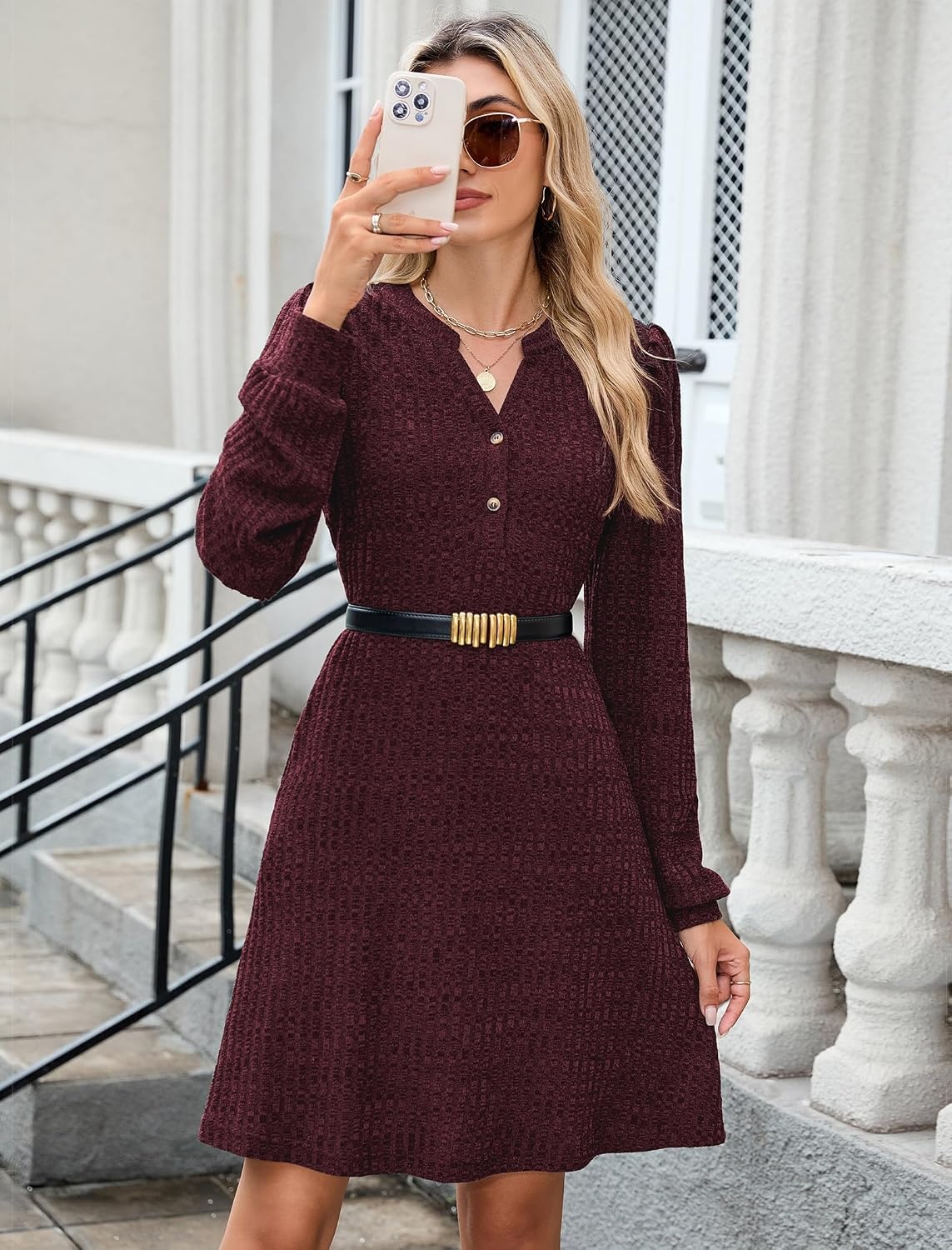 image:imageZAFUL Womens Long Sleeve Fall Dresses with Pockets V Neck Button Casual Bodydoll Knit Sweater Dress 2026Burgundy