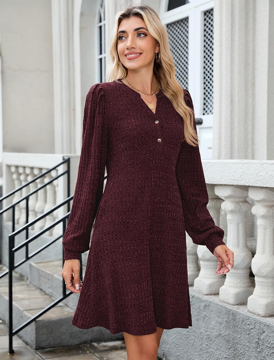 image:imageZAFUL Womens Long Sleeve Fall Dresses with Pockets V Neck Button Casual Bodydoll Knit Sweater Dress 2026Burgundy