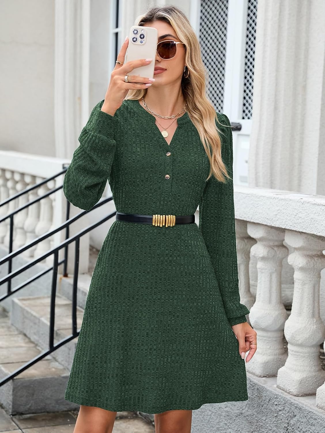 image:imageZAFUL Womens Long Sleeve Fall Dresses with Pockets V Neck Button Casual Bodydoll Knit Sweater Dress 2026Green