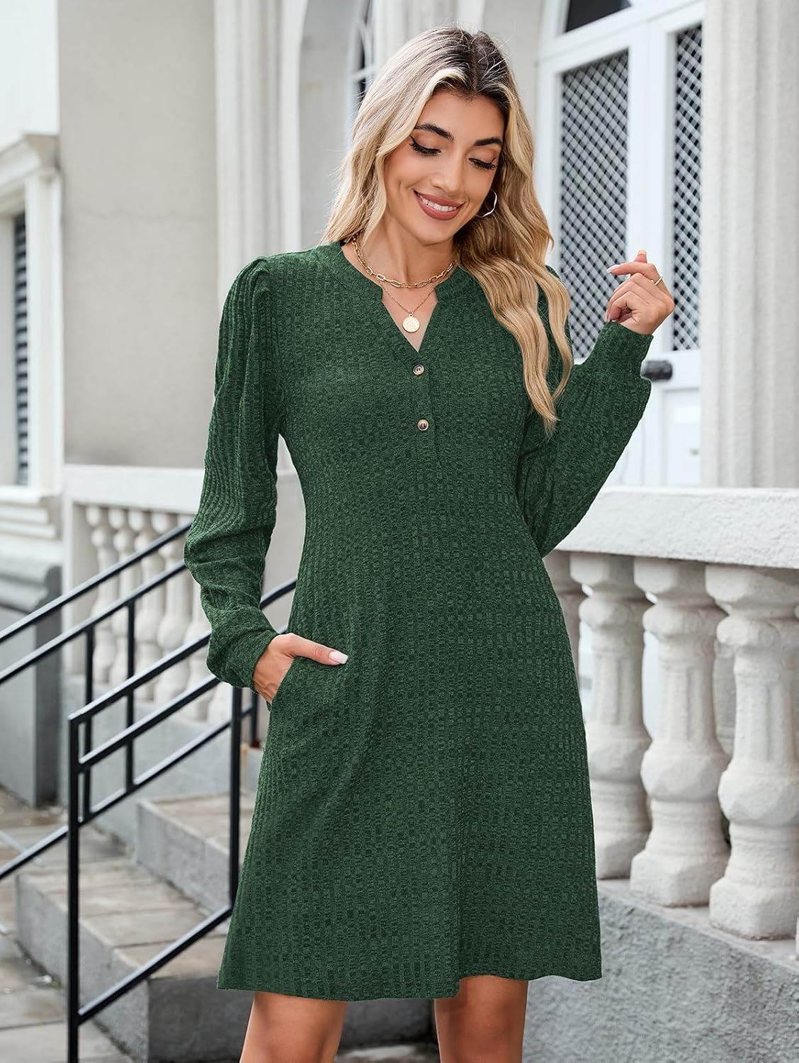 image:imageZAFUL Womens Long Sleeve Fall Dresses with Pockets V Neck Button Casual Bodydoll Knit Sweater Dress 2026Green