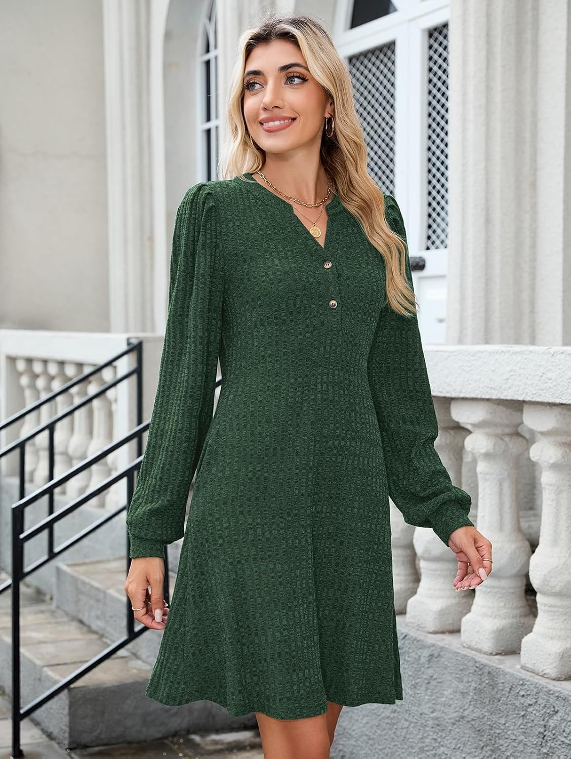 image:imageZAFUL Womens Long Sleeve Fall Dresses with Pockets V Neck Button Casual Bodydoll Knit Sweater Dress 2026Green