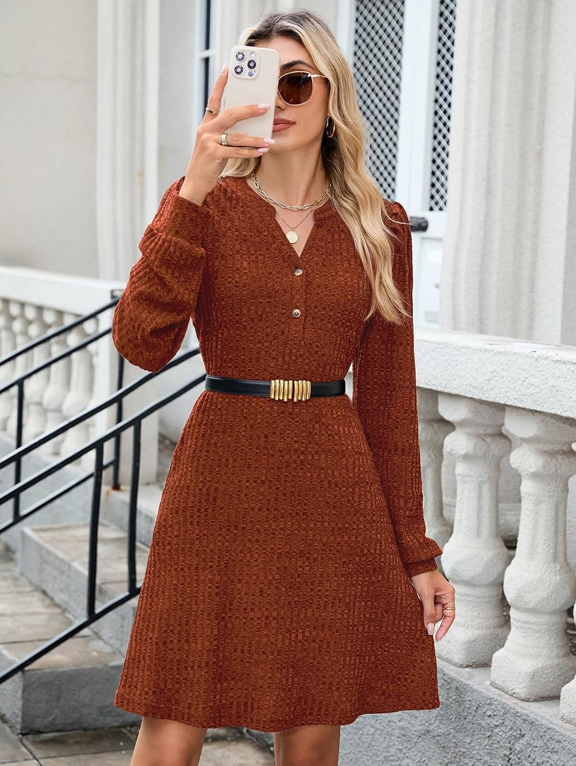 image:imageZAFUL Womens Long Sleeve Fall Dresses with Pockets V Neck Button Casual Bodydoll Knit Sweater Dress 2026Orange