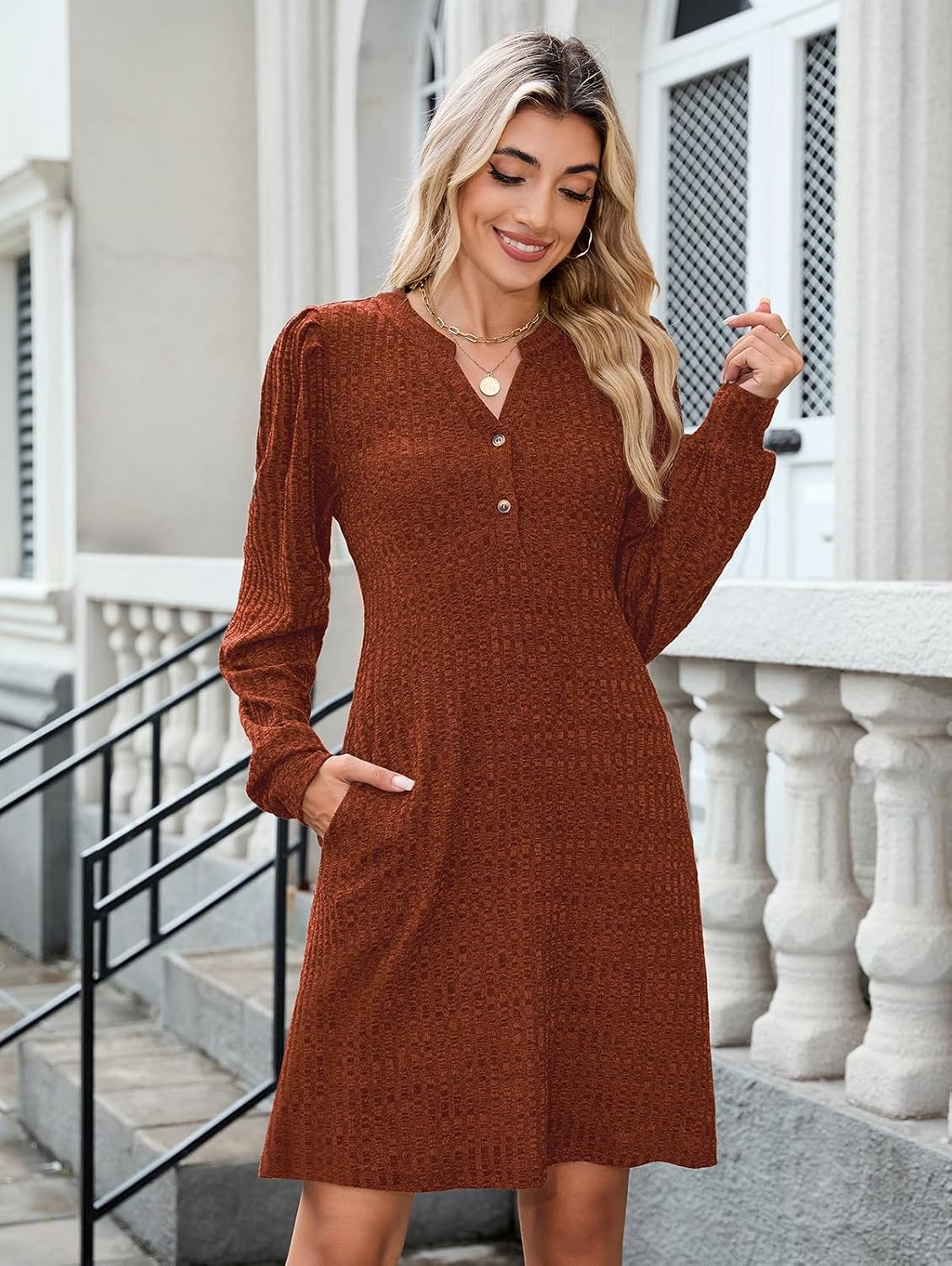 image:imageZAFUL Womens Long Sleeve Fall Dresses with Pockets V Neck Button Casual Bodydoll Knit Sweater Dress 2026Orange