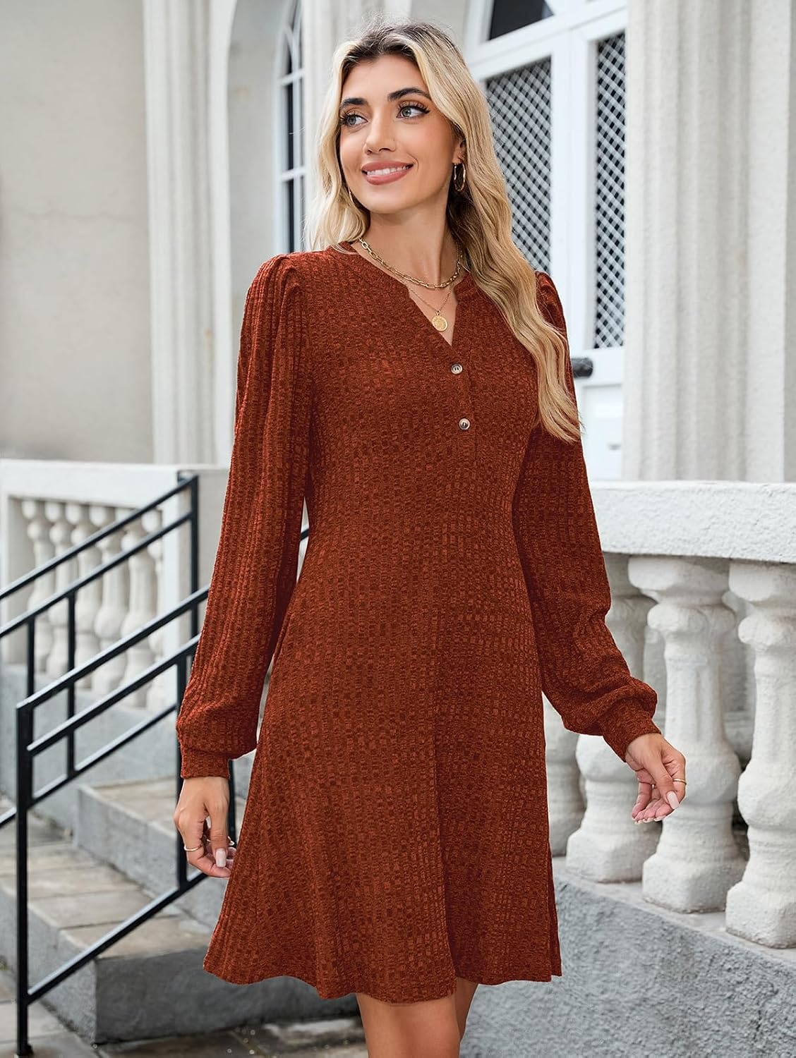 image:imageZAFUL Womens Long Sleeve Fall Dresses with Pockets V Neck Button Casual Bodydoll Knit Sweater Dress 2026Orange