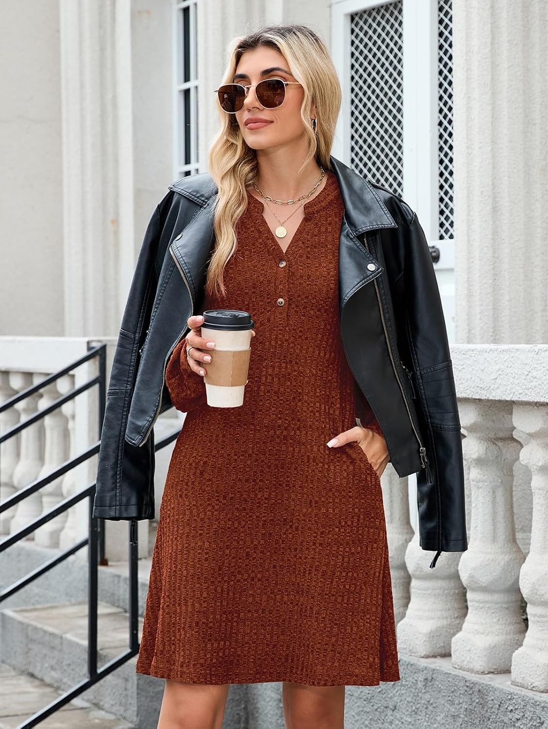 image:imageZAFUL Womens Long Sleeve Fall Dresses with Pockets V Neck Button Casual Bodydoll Knit Sweater Dress 2026Orange