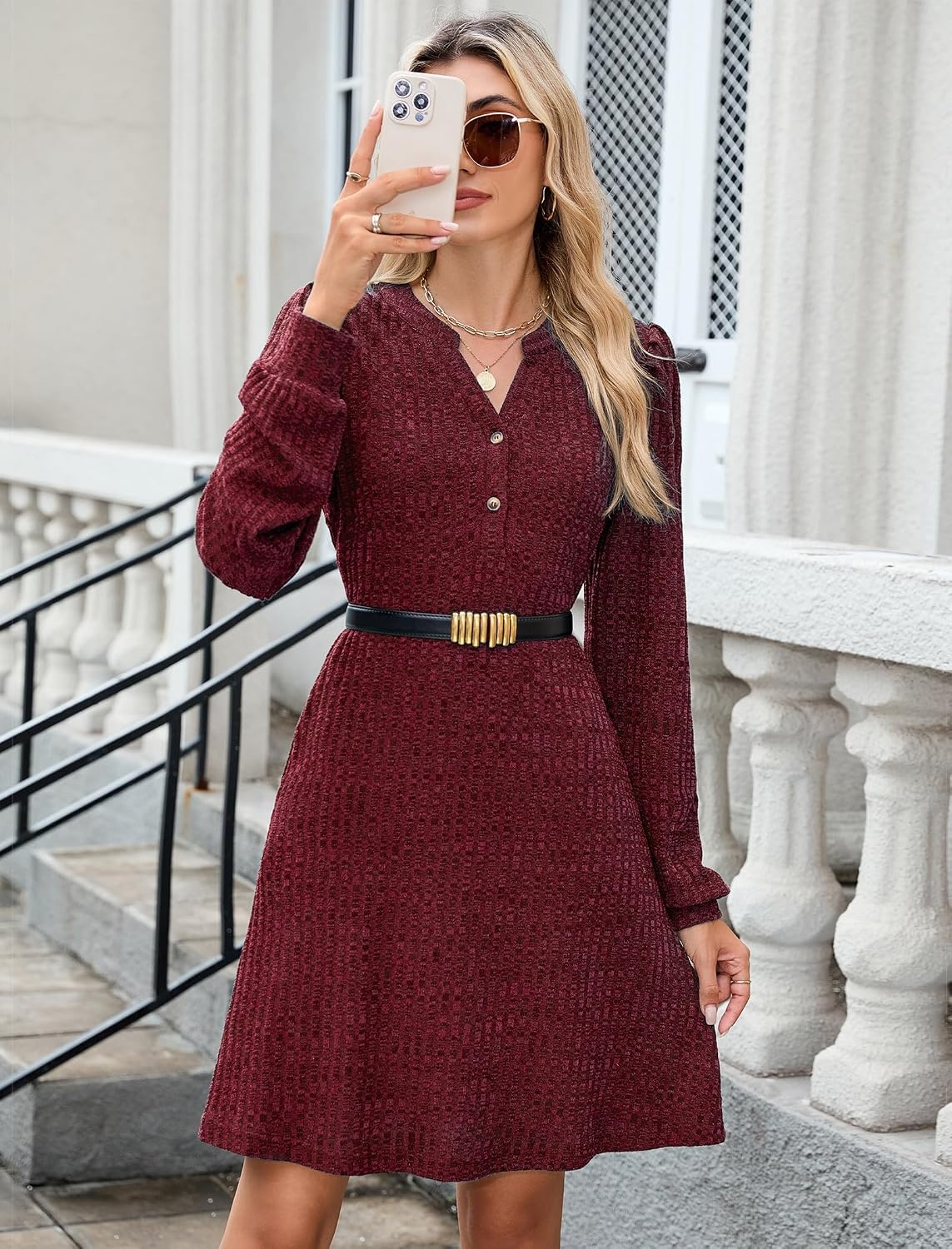 image:imageZAFUL Womens Long Sleeve Fall Dresses with Pockets V Neck Button Casual Bodydoll Knit Sweater Dress 2026Red