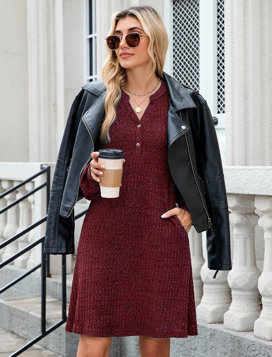 image:imageZAFUL Womens Long Sleeve Fall Dresses with Pockets V Neck Button Casual Bodydoll Knit Sweater Dress 2026Red