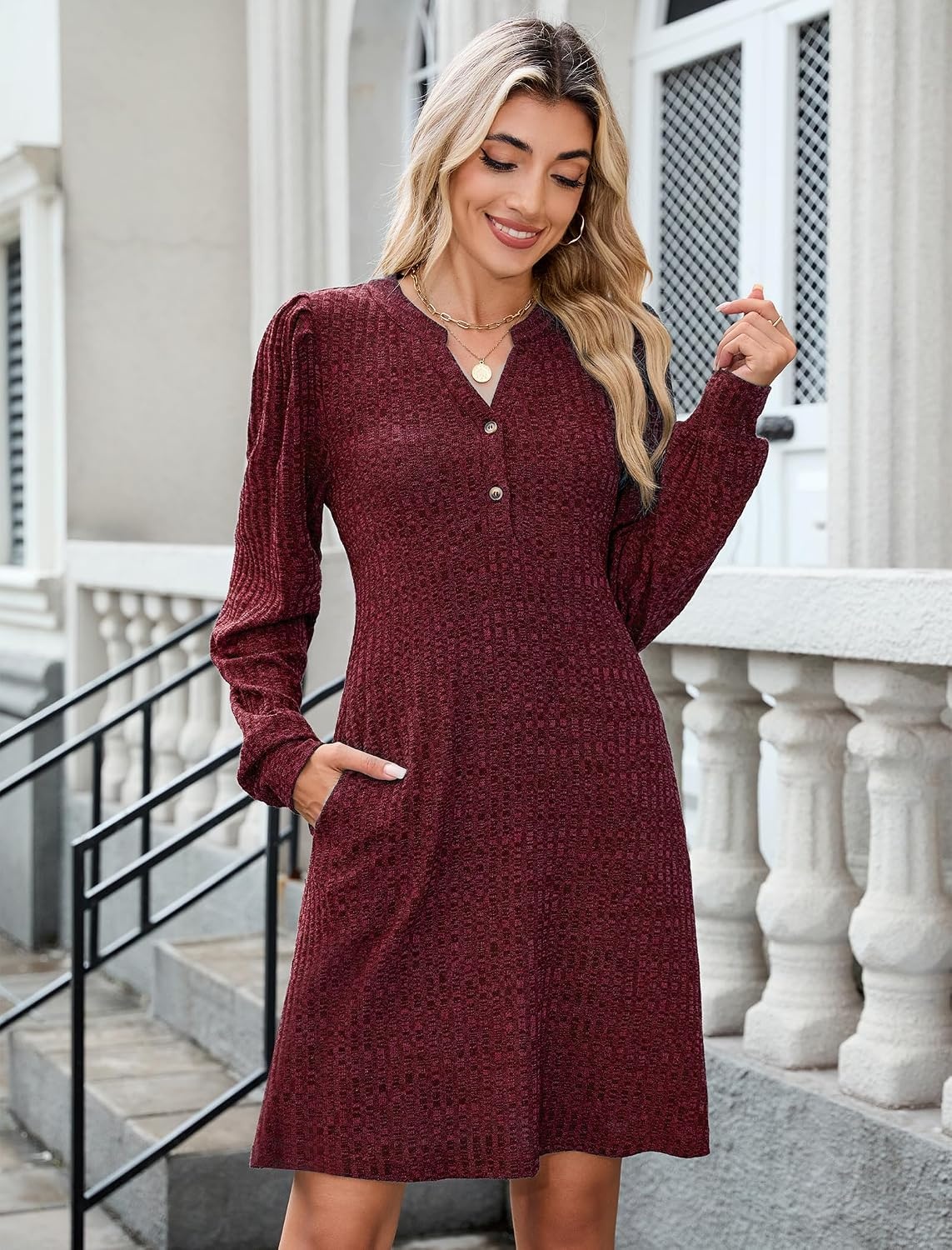 image:imageZAFUL Womens Long Sleeve Fall Dresses with Pockets V Neck Button Casual Bodydoll Knit Sweater Dress 2026Red