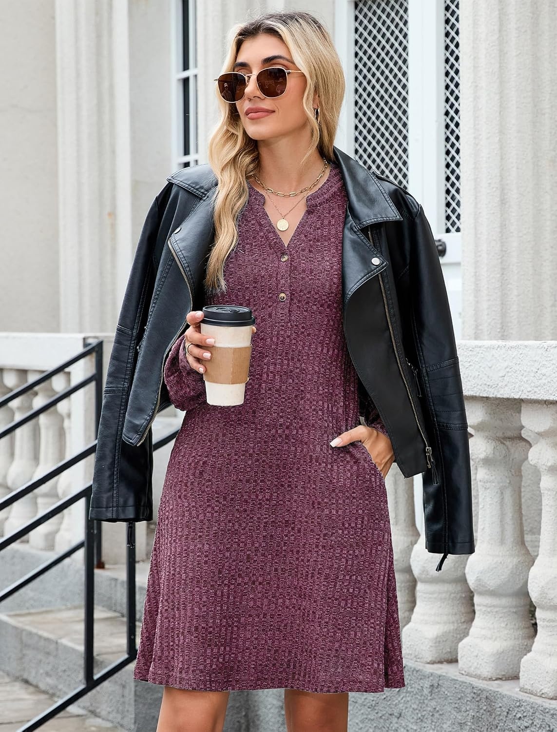 image:imageZAFUL Womens Long Sleeve Fall Dresses with Pockets V Neck Button Casual Bodydoll Knit Sweater Dress 2026Wine