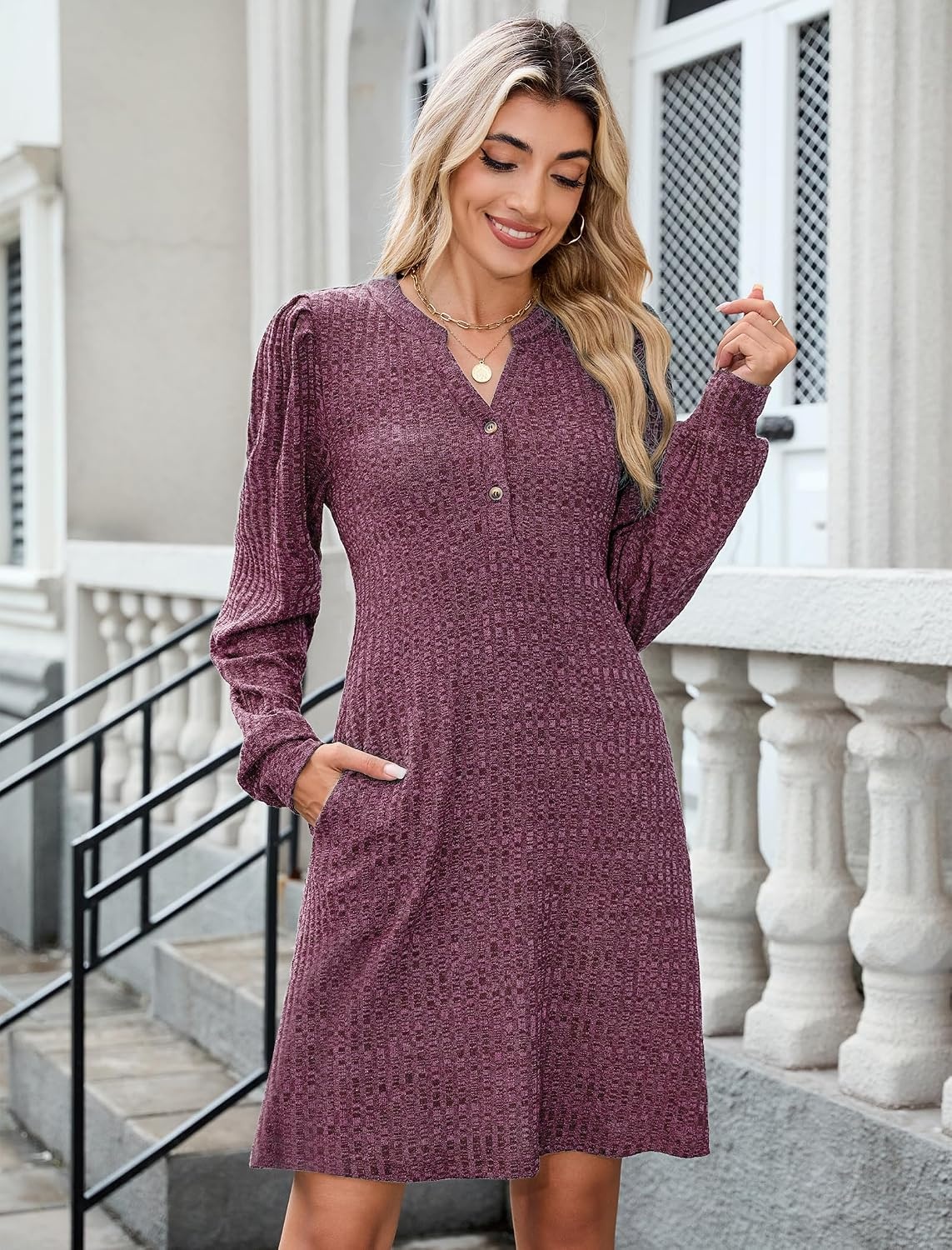 image:imageZAFUL Womens Long Sleeve Fall Dresses with Pockets V Neck Button Casual Bodydoll Knit Sweater Dress 2026Wine
