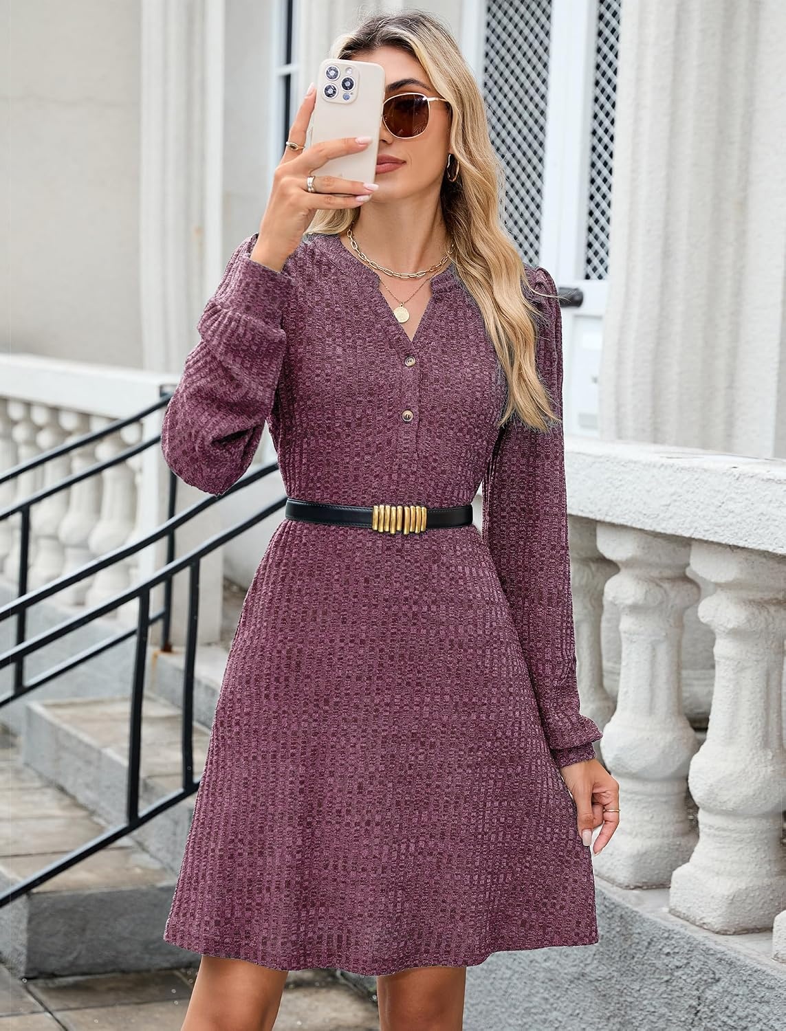 image:imageZAFUL Womens Long Sleeve Fall Dresses with Pockets V Neck Button Casual Bodydoll Knit Sweater Dress 2026Wine