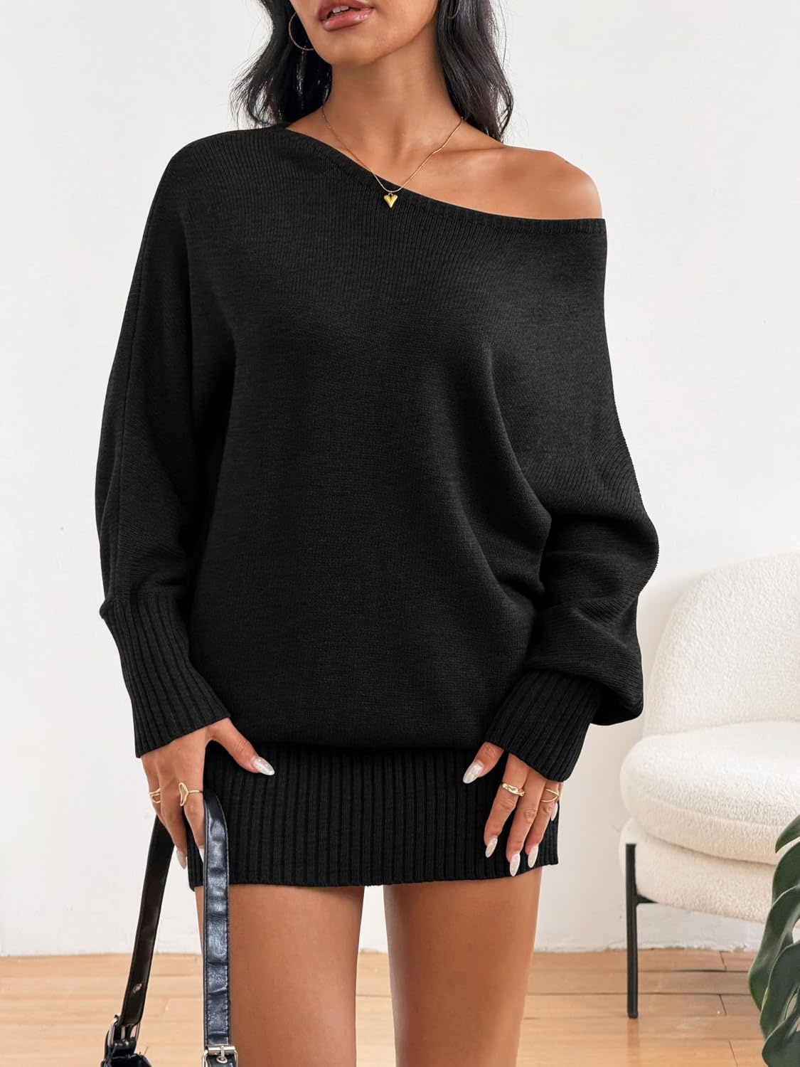 image:imageZAFUL Womens Off The Shoulder Sweater Dress Long Sleeve Pullover SweatersBlack