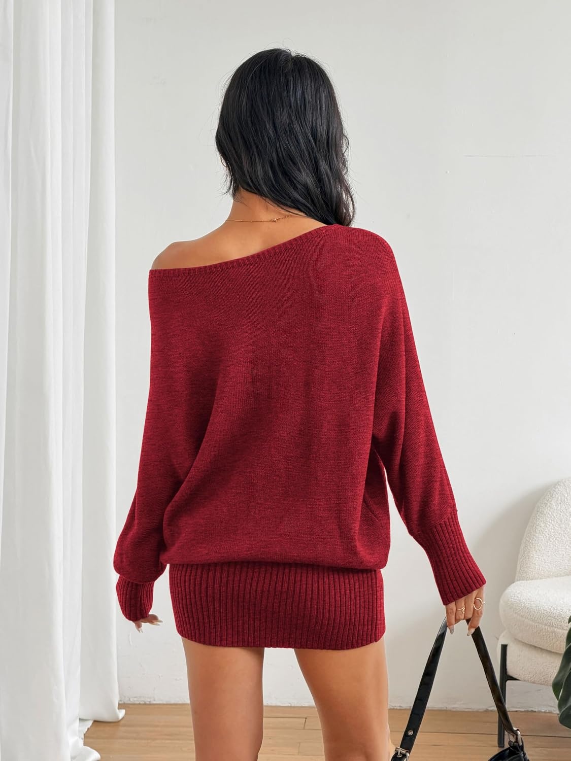 image:imageZAFUL Womens Off The Shoulder Sweater Dress Long Sleeve Pullover SweatersRed