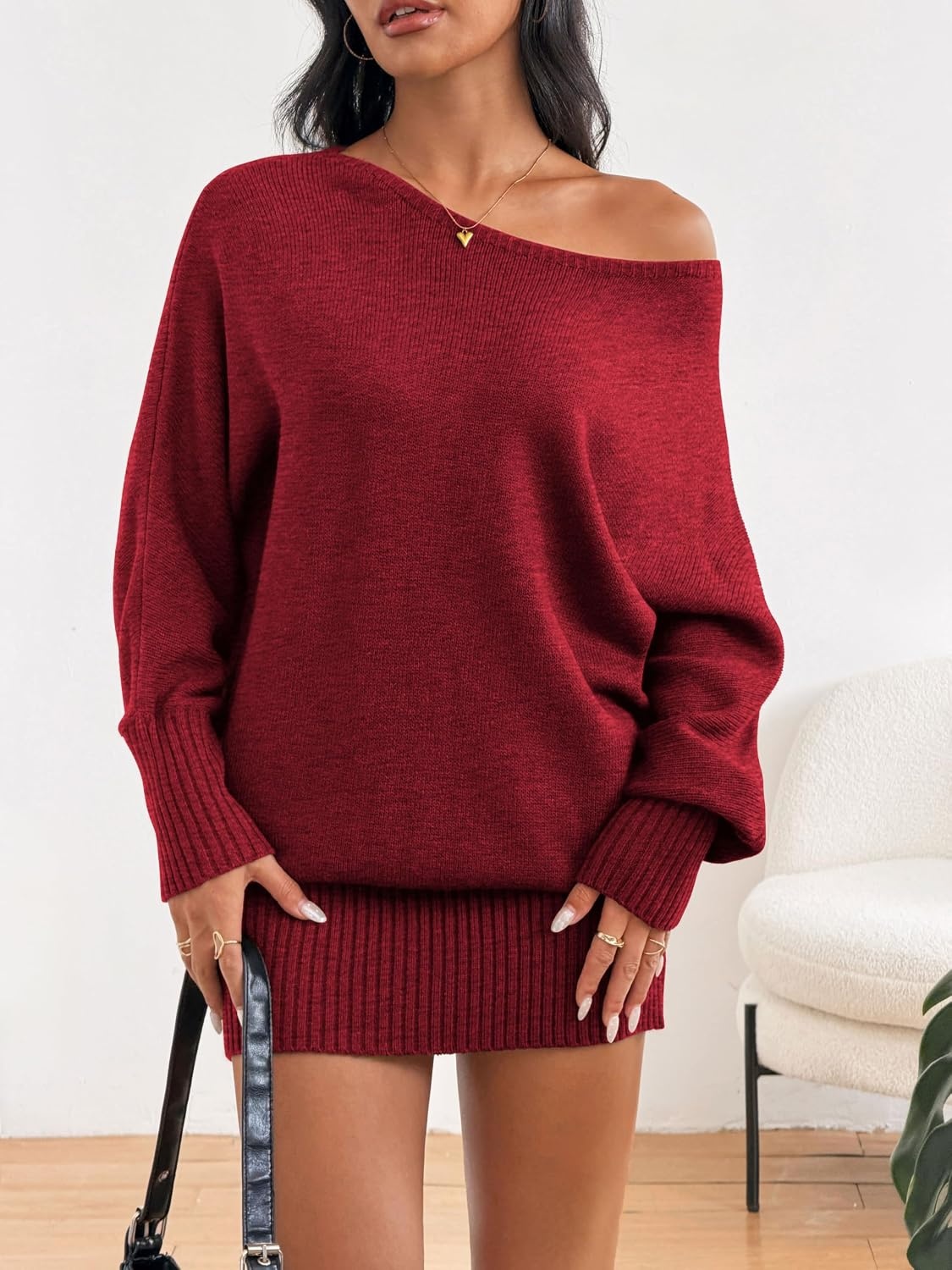 image:imageZAFUL Womens Off The Shoulder Sweater Dress Long Sleeve Pullover SweatersRed