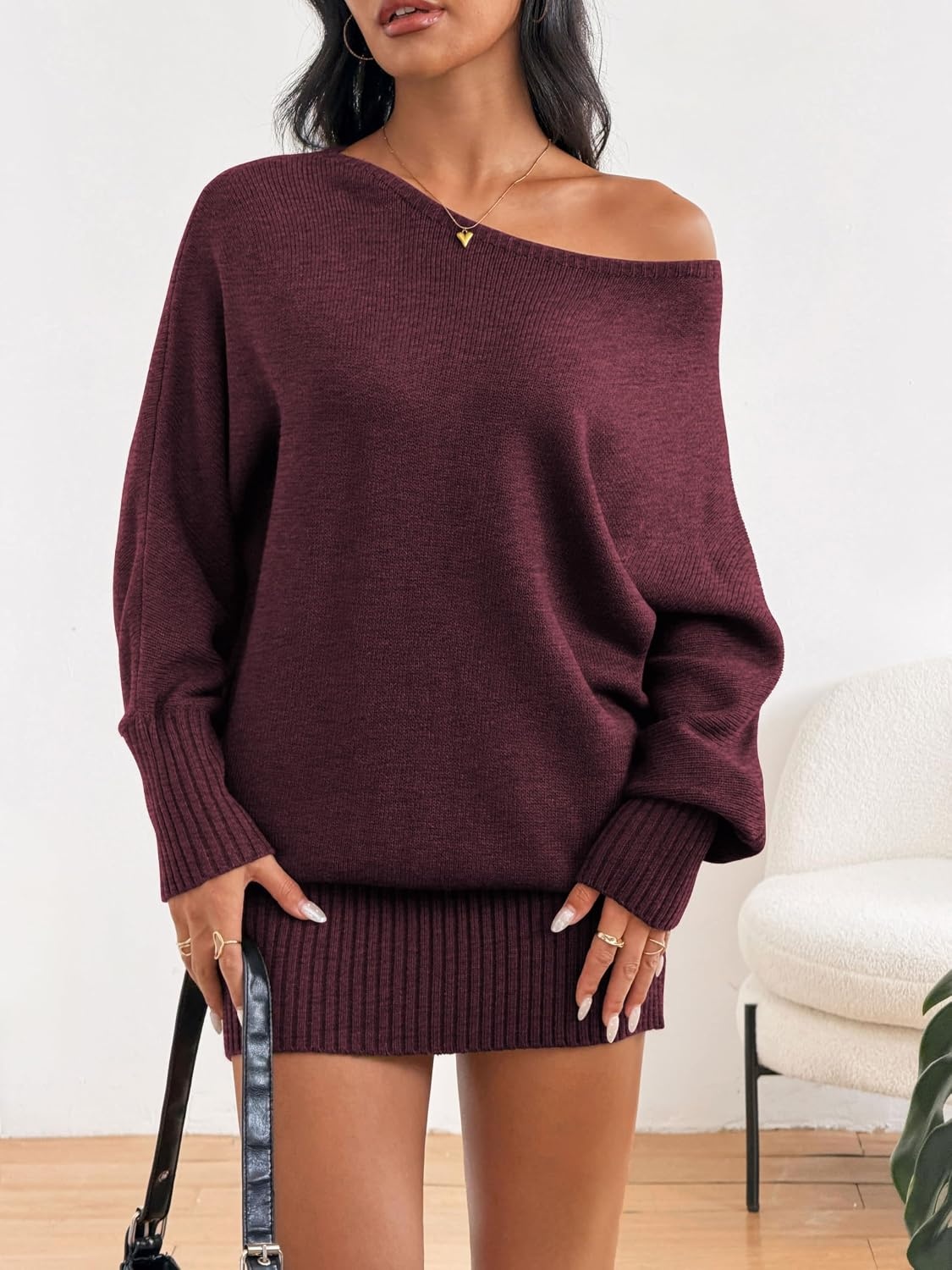 image:imageZAFUL Womens Off The Shoulder Sweater Dress Long Sleeve Pullover SweatersWine Red