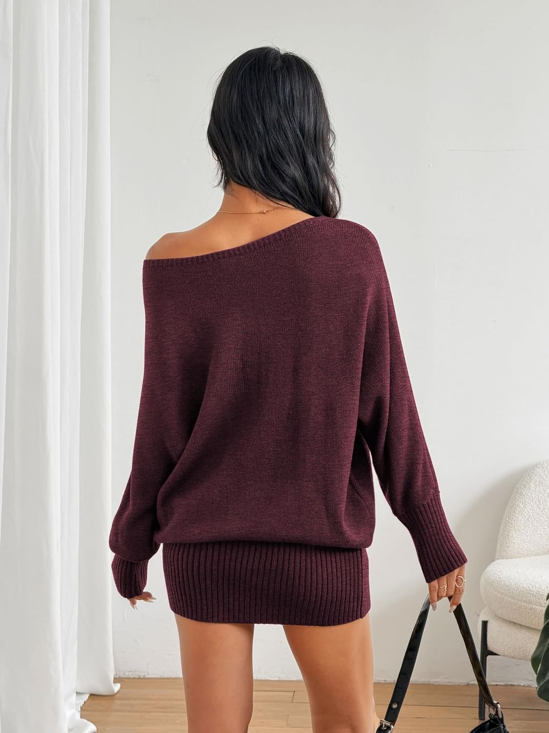 image:imageZAFUL Womens Off The Shoulder Sweater Dress Long Sleeve Pullover SweatersWine Red