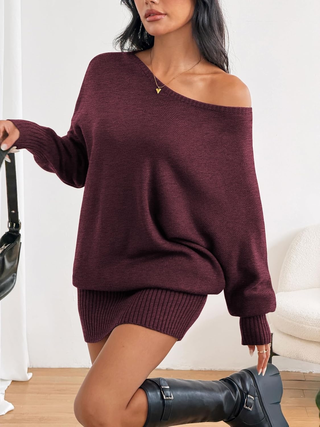 image:imageZAFUL Womens Off The Shoulder Sweater Dress Long Sleeve Pullover SweatersWine Red