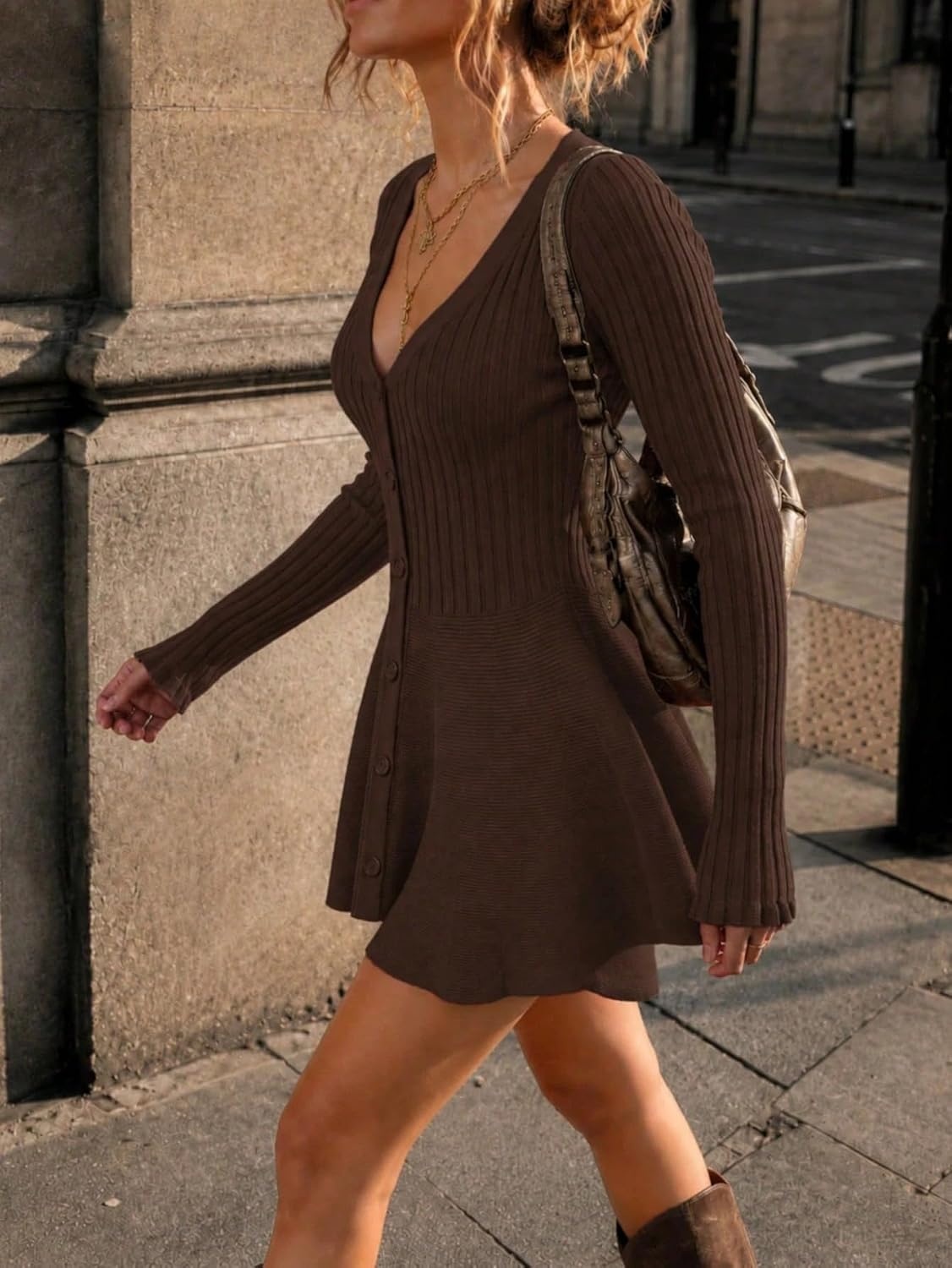 image:imageZAFUL Womens V Neck Button Down Ribbed Knit Sweater Dress Mini DressBrown