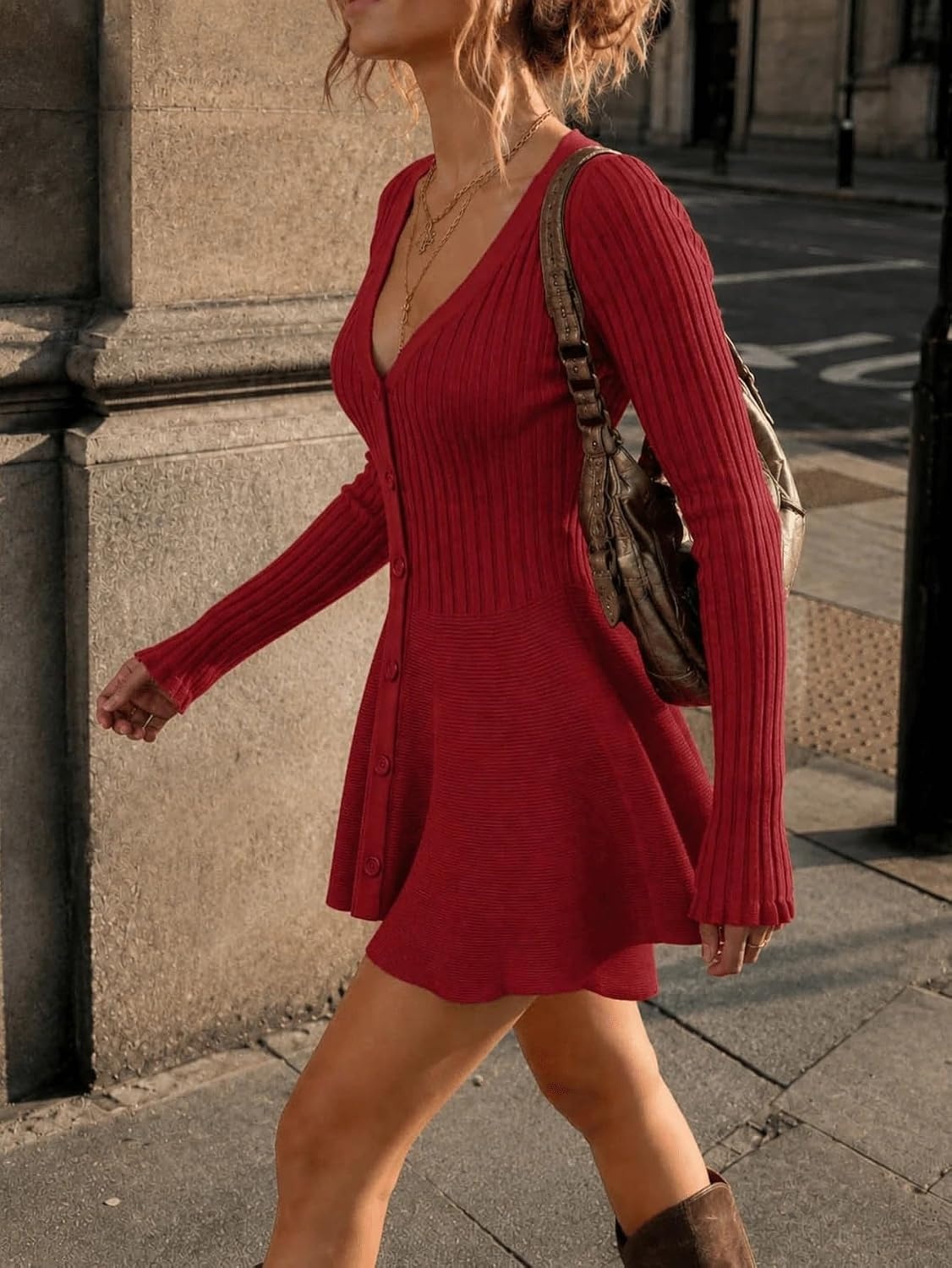 image:imageZAFUL Womens V Neck Button Down Ribbed Knit Sweater Dress Mini DressRed