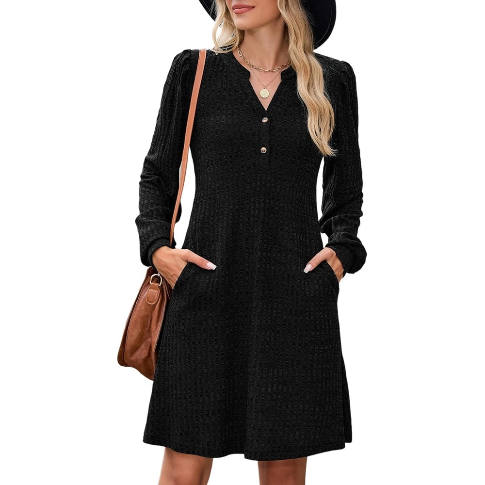 image:imageZAFUL Womens Long Sleeve Fall Dresses with Pockets V Neck Button Casual Bodydoll Knit Sweater Dress 2026Black