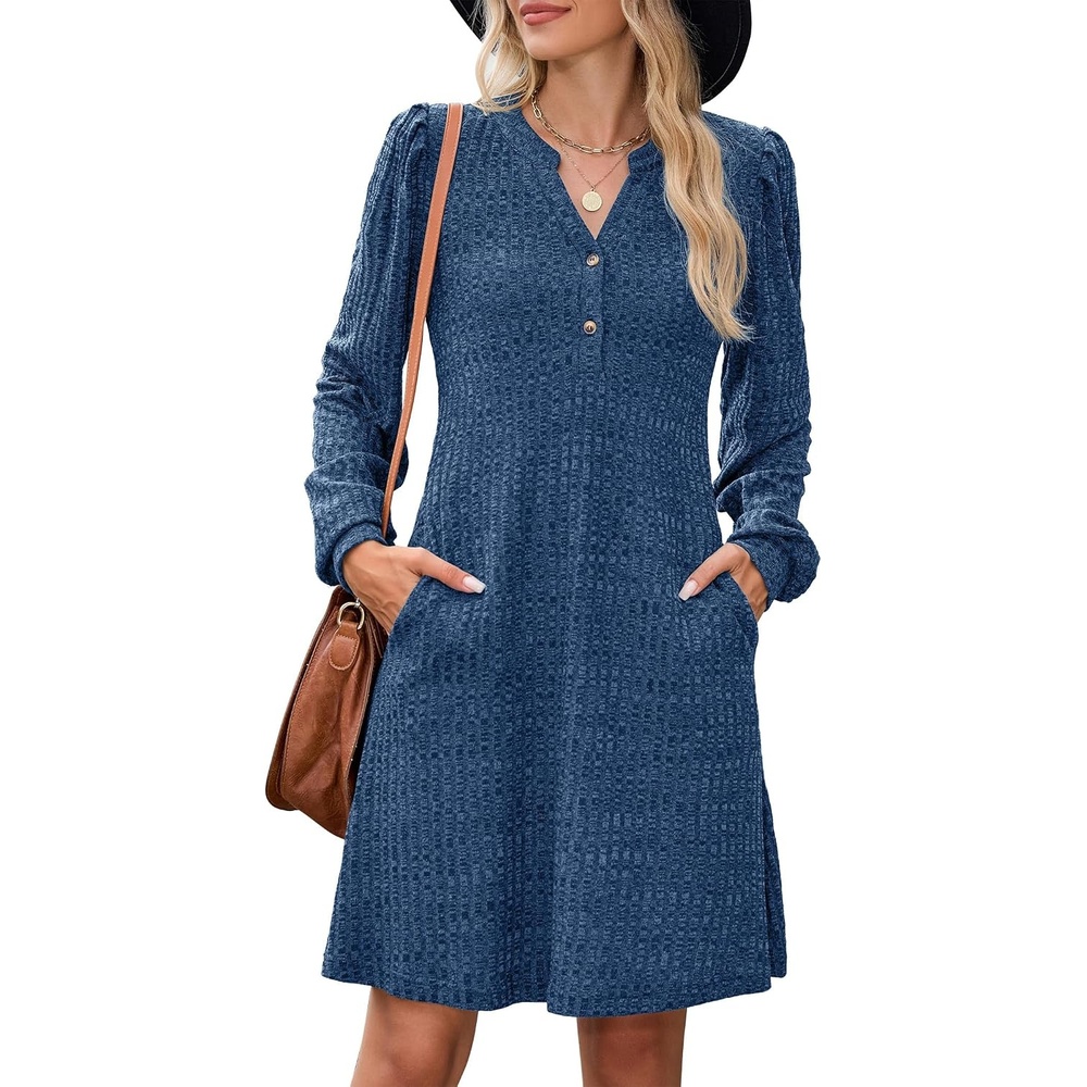 image:imageZAFUL Womens Long Sleeve Fall Dresses with Pockets V Neck Button Casual Bodydoll Knit Sweater Dress 2026Blue