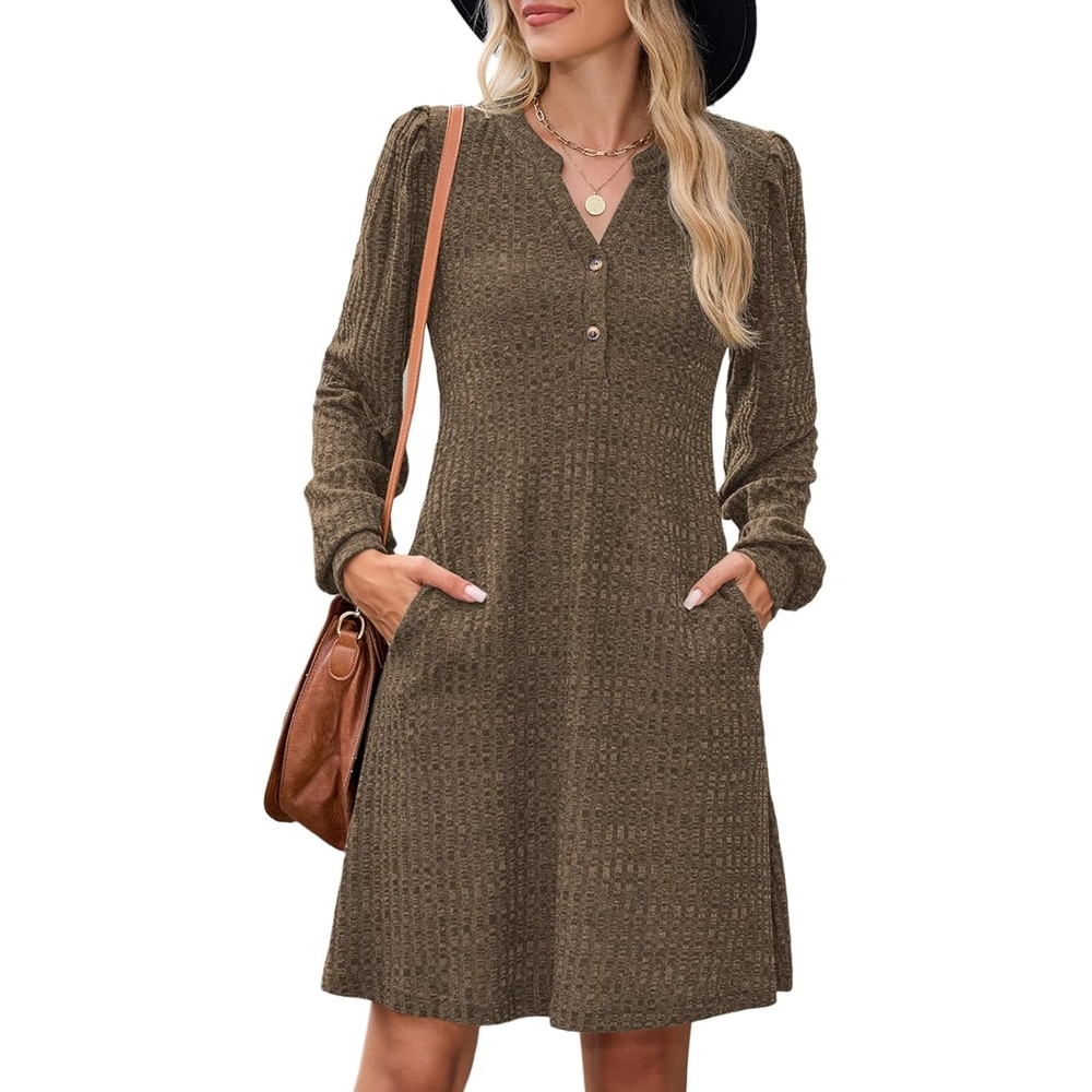 image:imageZAFUL Womens Long Sleeve Fall Dresses with Pockets V Neck Button Casual Bodydoll Knit Sweater Dress 2026Brown