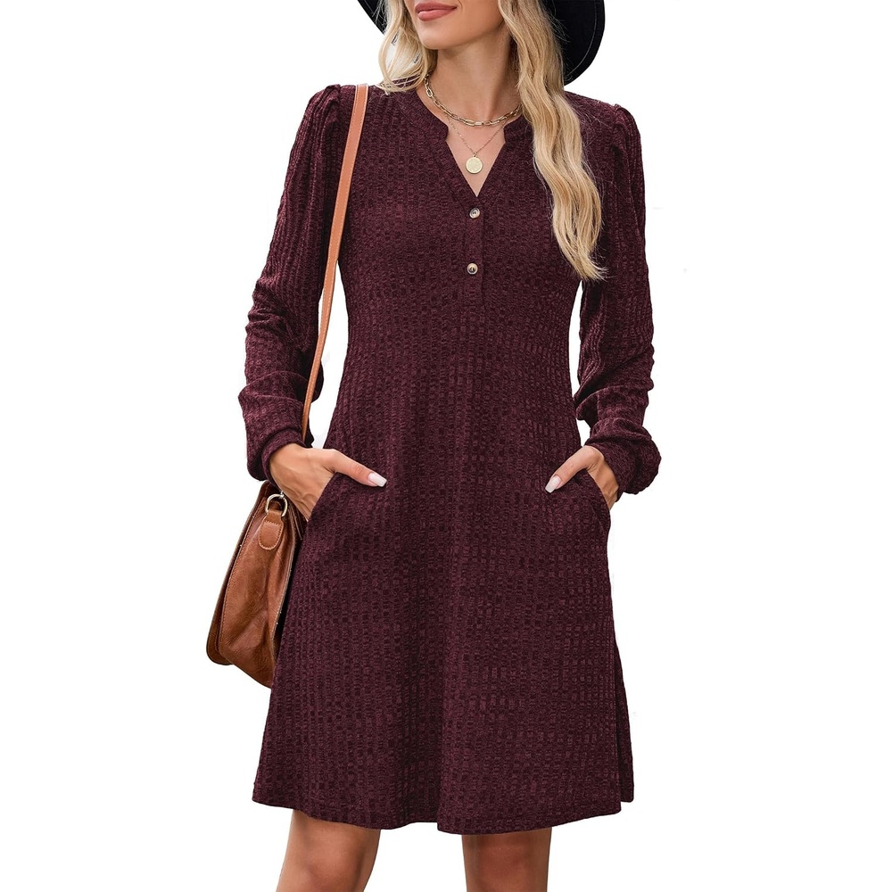 image:imageZAFUL Womens Long Sleeve Fall Dresses with Pockets V Neck Button Casual Bodydoll Knit Sweater Dress 2026Burgundy