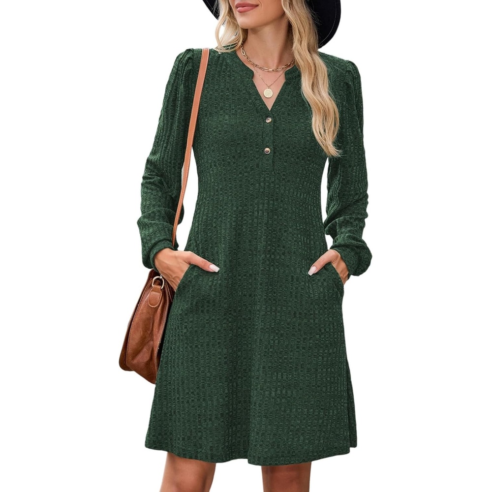 image:imageZAFUL Womens Long Sleeve Fall Dresses with Pockets V Neck Button Casual Bodydoll Knit Sweater Dress 2026Green