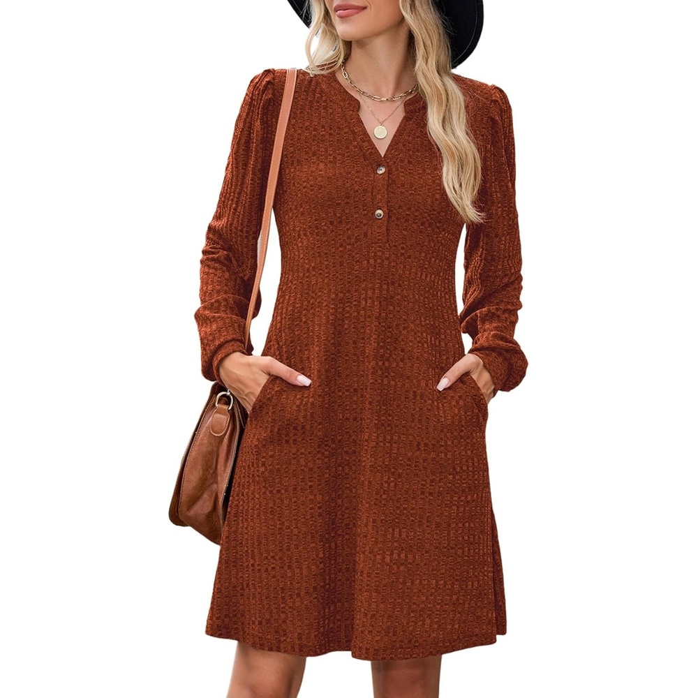 image:imageZAFUL Womens Long Sleeve Fall Dresses with Pockets V Neck Button Casual Bodydoll Knit Sweater Dress 2026Orange