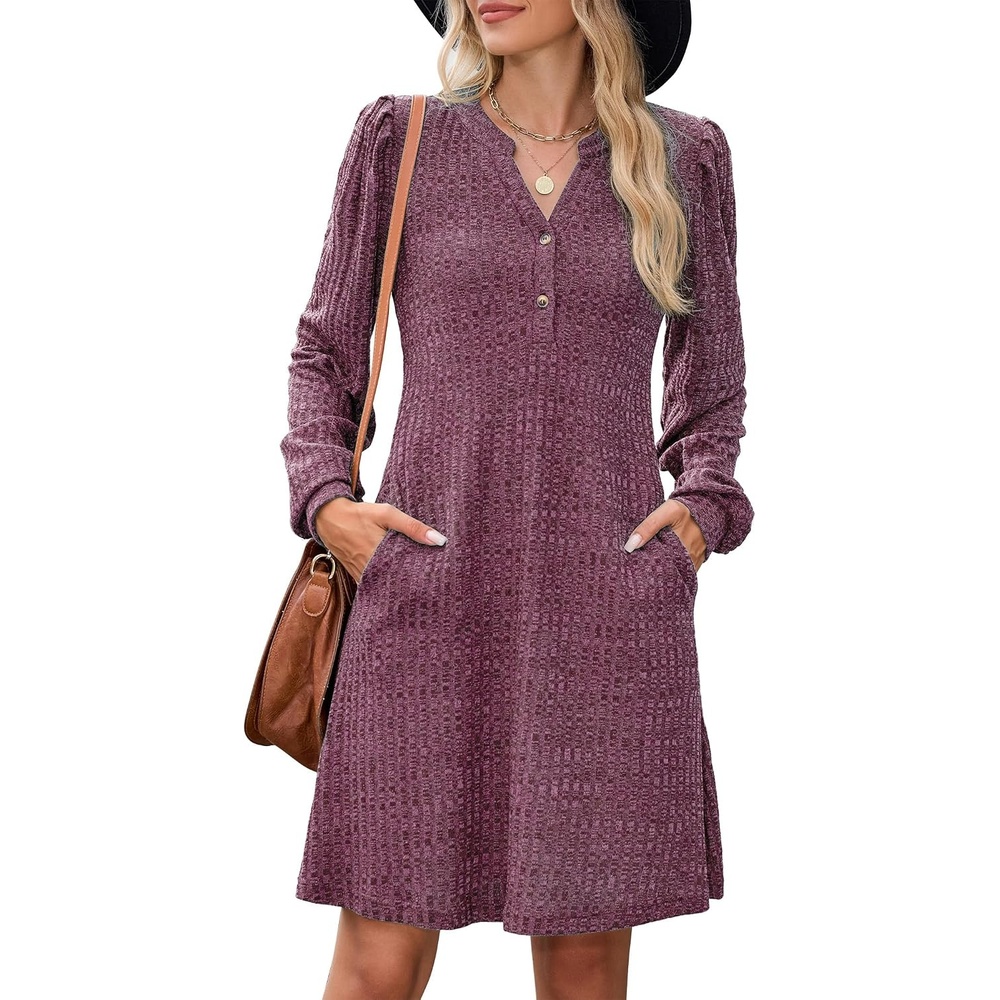 image:imageZAFUL Womens Long Sleeve Fall Dresses with Pockets V Neck Button Casual Bodydoll Knit Sweater Dress 2026Wine