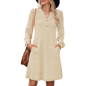 ZAFUL Womens Long Sleeve Fall Dresses with Pockets V Neck Button Casual Bodydoll Knit Sweater Dress 2026(Apricot)