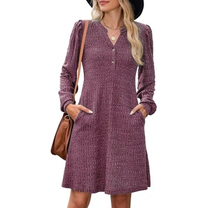 ZAFUL Womens Long Sleeve Fall Dresses with Pockets V Neck Button Casual Bodydoll Knit Sweater Dress 2026(Wine)