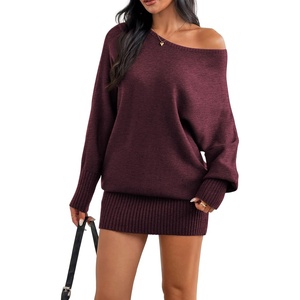 ZAFUL Women’s Off The Shoulder Sweater Dress Long Sleeve Pullover Sweaters(Wine Red)