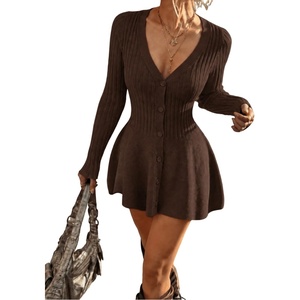ZAFUL Womens V Neck Button Down Ribbed Knit Sweater Dress Mini Dress(Brown)