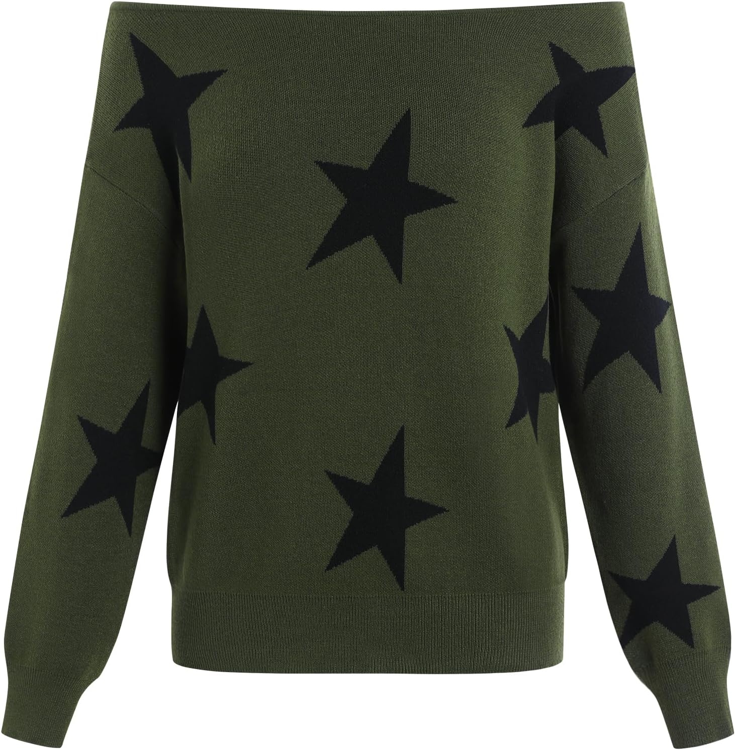 image:imageZAFUL Off The Shoulder Sweater Women Casual Star Knit Pullover Loose TopsArmy Green
