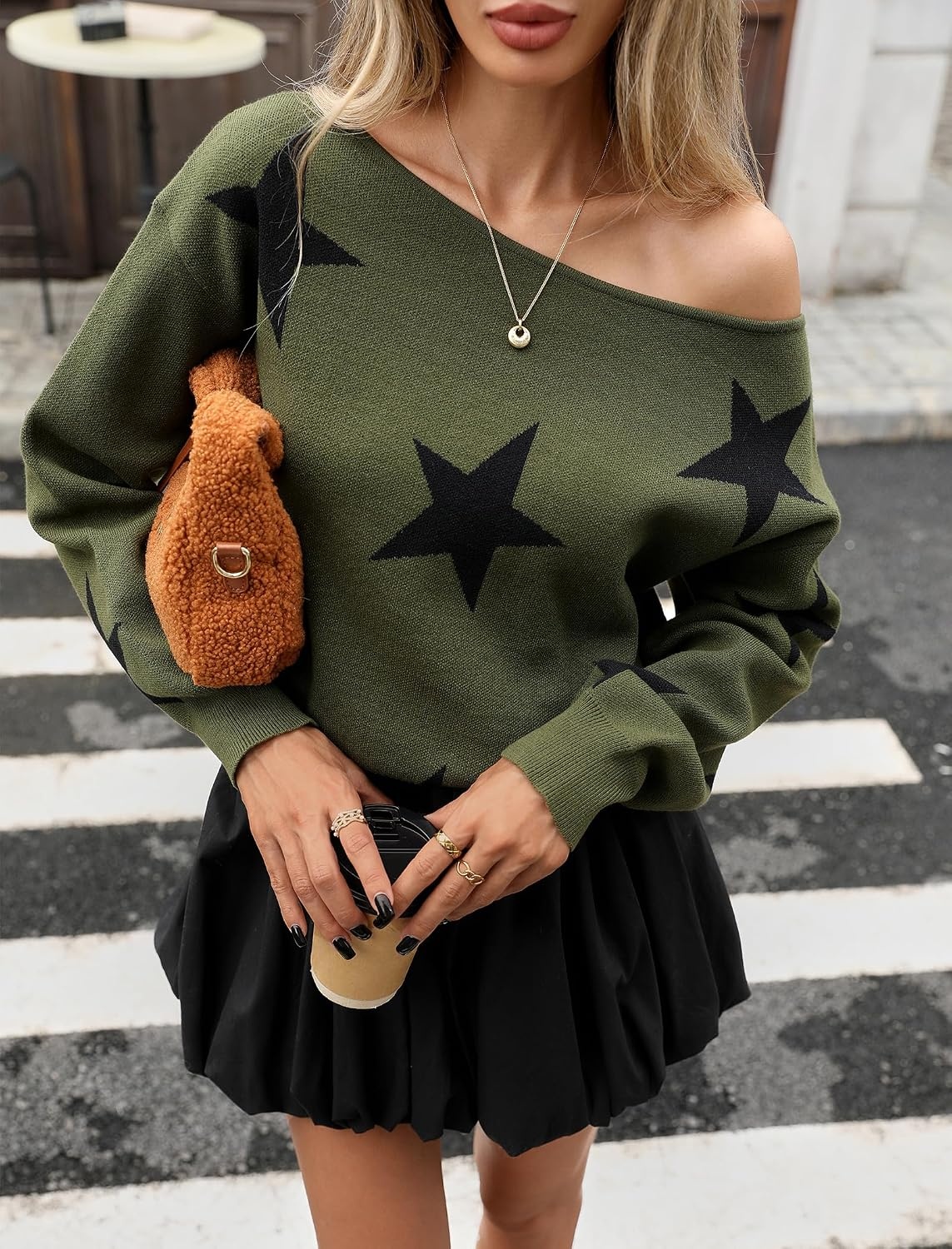 image:imageZAFUL Off The Shoulder Sweater Women Casual Star Knit Pullover Loose TopsArmy Green